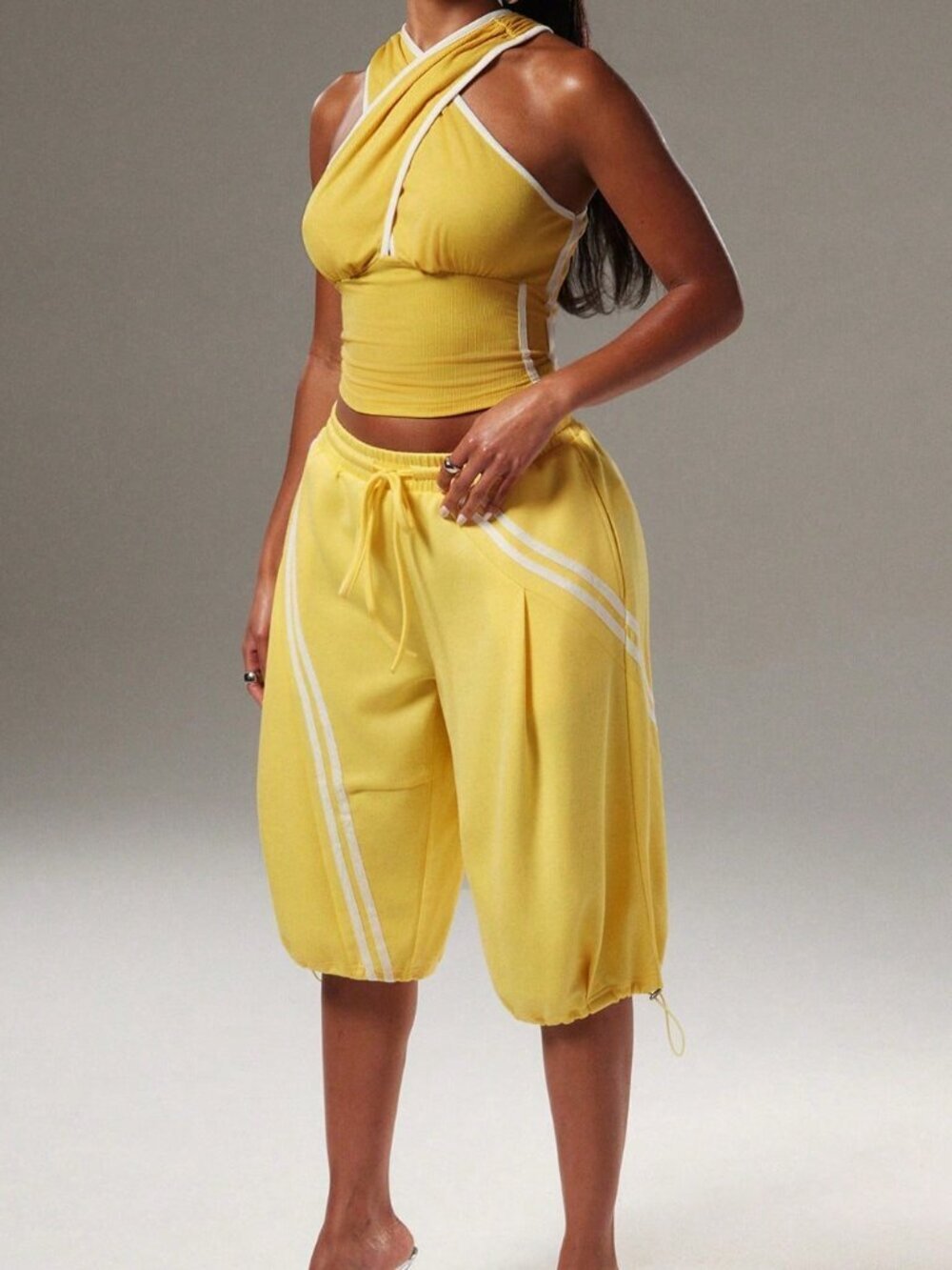 Yellow Casual Women's Shorts with Jogger Detail, Striped Tie-Elastic Waistband